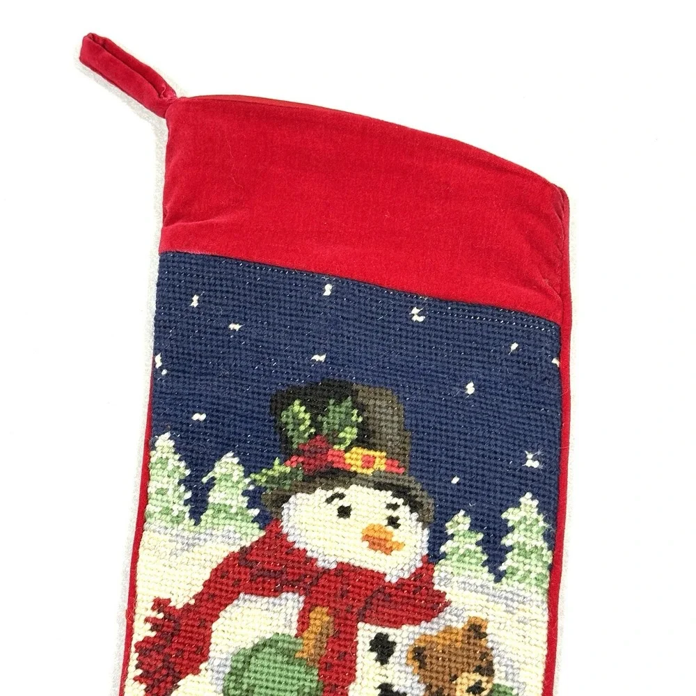 Vintage Christmas‎ Stocking Needlepoint Frosty Snowman Teddy Bear Wool Velvet